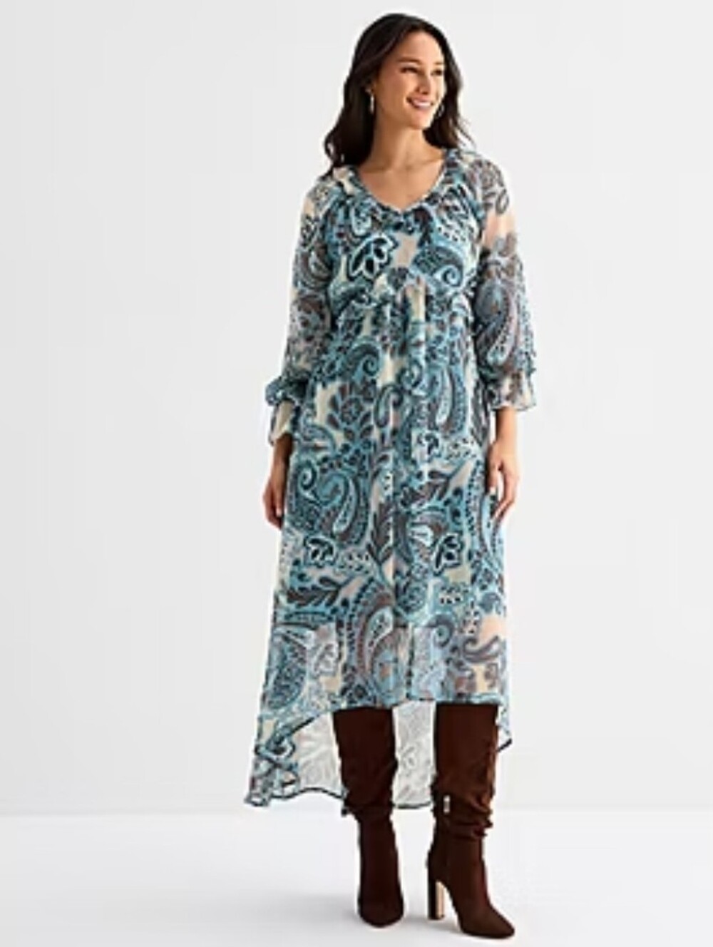 a.n.a Blue Paisley Maxi Dress Ruffle Trim Boho Long Sleeve Tie Waist Flowy